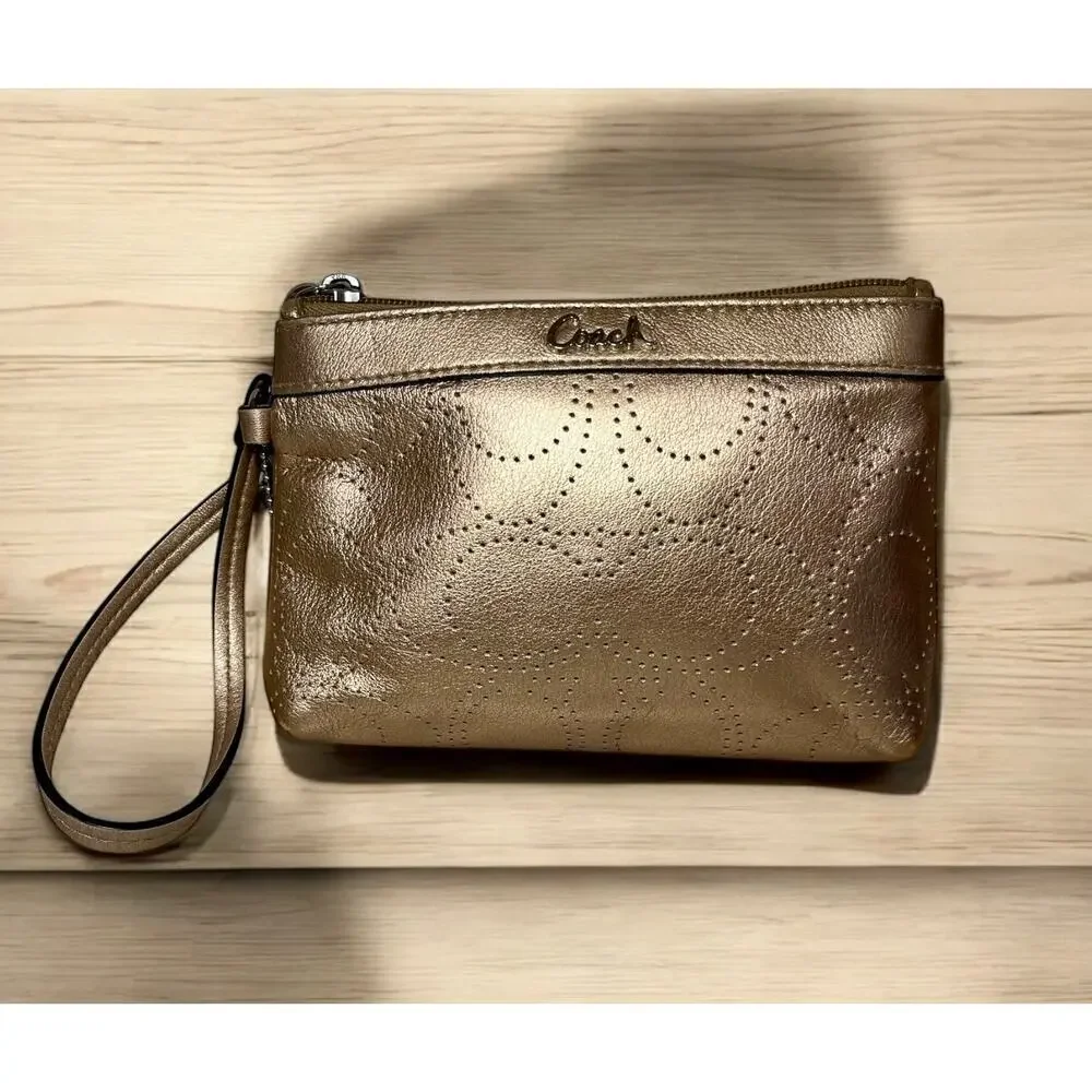 Coach Metallic Bronze Leather Perforated Wristlet